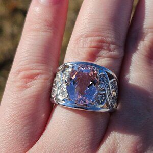 14K White Gold Morganite & Diamond Wide Band Ribbon Style Ring 14mm Size 7